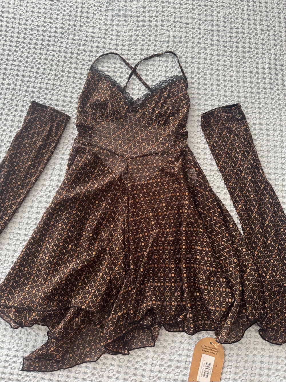 Her Pony Brown Patterned Festival Slip Dress With Lace Trim & Arm Sleeves - NWT